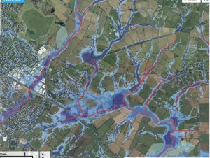 Aerial view with river and surface water flooding overlay